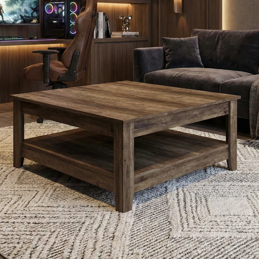 A gaming setup with a curved monitor, PC with RGB lighting, gaming chair, and wooden shelves filled with collectibles. The room includes a wooden coffee table on a geometric-patterned rug, a dark couch, and mood lighting.