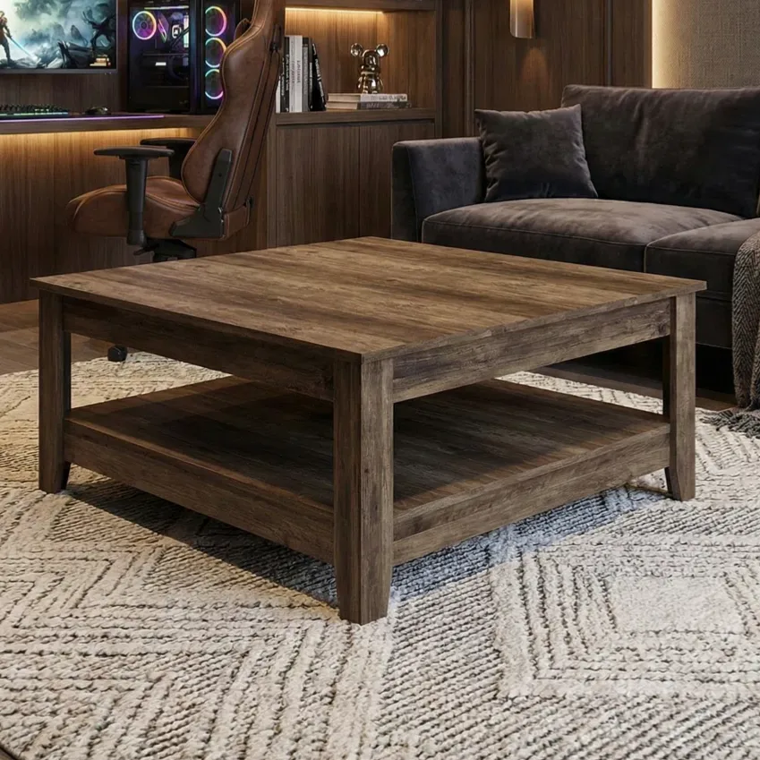 A gaming setup with a curved monitor, PC with RGB lighting, gaming chair, and wooden shelves filled with collectibles. The room includes a wooden coffee table on a geometric-patterned rug, a dark couch, and mood lighting.