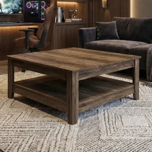 A gaming setup with a curved monitor, PC with RGB lighting, gaming chair, and wooden shelves filled with collectibles. The room includes a wooden coffee table on a geometric-patterned rug, a dark couch, and mood lighting.