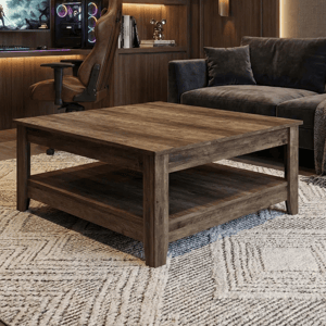 A gaming setup with a curved monitor, PC with RGB lighting, gaming chair, and wooden shelves filled with collectibles. The room includes a wooden coffee table on a geometric-patterned rug, a dark couch, and mood lighting.