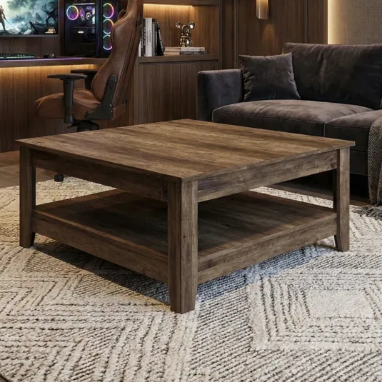 A gaming setup with a curved monitor, PC with RGB lighting, gaming chair, and wooden shelves filled with collectibles. The room includes a wooden coffee table on a geometric-patterned rug, a dark couch, and mood lighting.