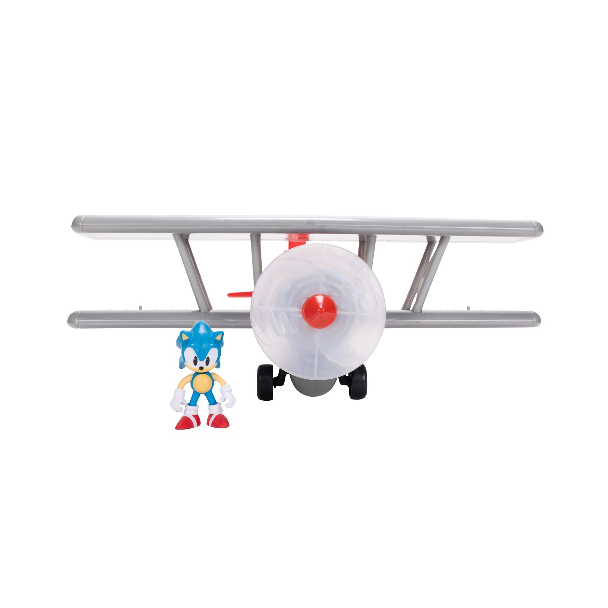 Toy biplane with a transparent spinner and a figure resembling a blue hedgehog character, both featuring a playful design.