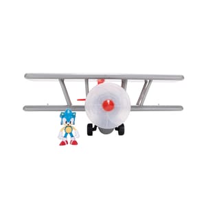Toy biplane with a transparent spinner and a figure resembling a blue hedgehog character, both featuring a playful design.