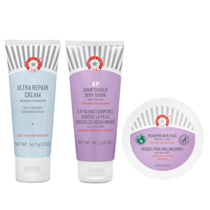 Three skincare items are shown: Ultra Repair Cream for intense hydration, KP Bump Eraser Body Scrub with 10% AHA, and Ingrown Hair Pads with BHA + AHA. All are labeled safe for sensitive skin, each with a net weight of 56.7 g (2 oz).