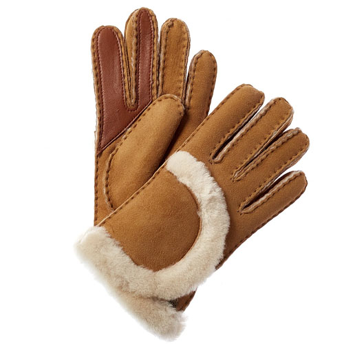 Tan UGG suede gloves feature fleece cuffs and visible stitching, combining leather and suede materials for a cozy, stylish look.