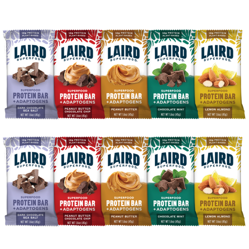 Laird Superfood 10pk Protein Bars feature four flavors: Dark Chocolate Sea Salt, Peanut Butter Chocolate Chip, Peanut Butter, and Chocolate Mint. Each bar is plant-based and includes adaptogens, weighing 1.6 oz (45g) each.
