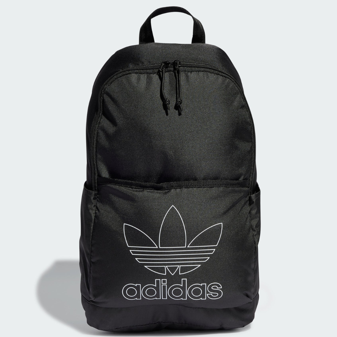 Black Adidas backpack with a front zipper pocket and the brand's trefoil logo.
