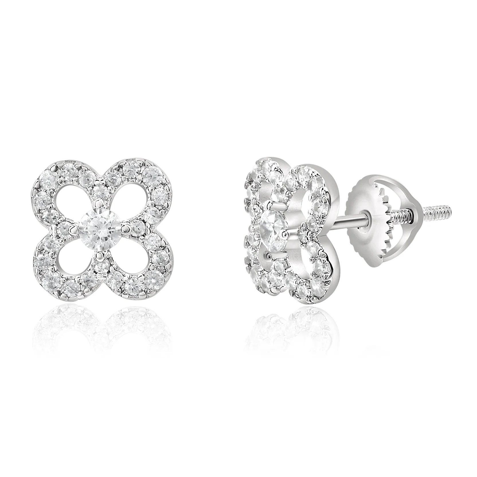A pair of silver stud earrings with a four-leaf clover design, enhanced by small round-cut gemstones and featuring a screw-back closure.