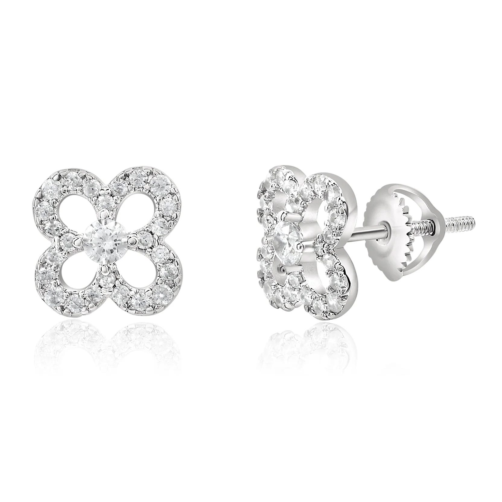 A pair of silver stud earrings with a four-leaf clover design, enhanced by small round-cut gemstones and featuring a screw-back closure.