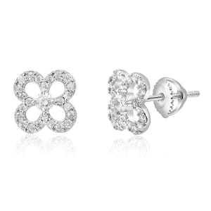 A pair of silver stud earrings with a four-leaf clover design, enhanced by small round-cut gemstones and featuring a screw-back closure.
