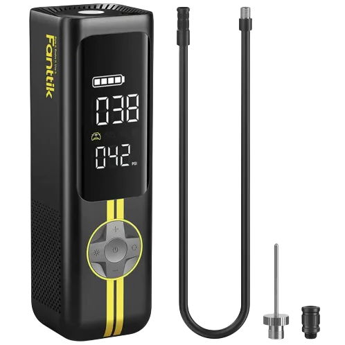 Portable air compressor, digital tire inflator with a display screen, control buttons, and accessories including a hose and various nozzle attachments.