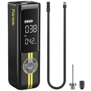 Portable air compressor, digital tire inflator with a display screen, control buttons, and accessories including a hose and various nozzle attachments.