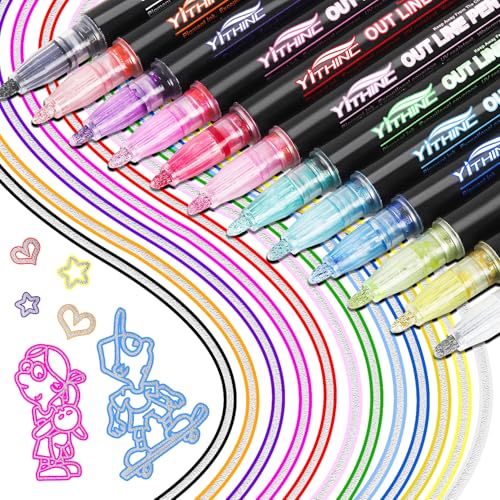 Set of colorful outline markers with transparent caps, showing multiple colors including pink, green, blue, and gold, along with doodles of a heart, star, and children.