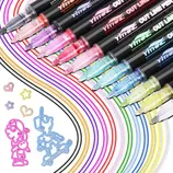 Set of colorful outline markers with transparent caps, showing multiple colors including pink, green, blue, and gold, along with doodles of a heart, star, and children.