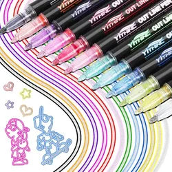Set of colorful outline markers with transparent caps, showing multiple colors including pink, green, blue, and gold, along with doodles of a heart, star, and children.