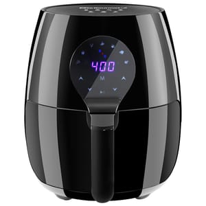 The Elite Gourmet 5.3qt Air Fryer features a sleek black design with a digital touchscreen displaying a temperature of 400. It has a large, detachable handle for easy operation.