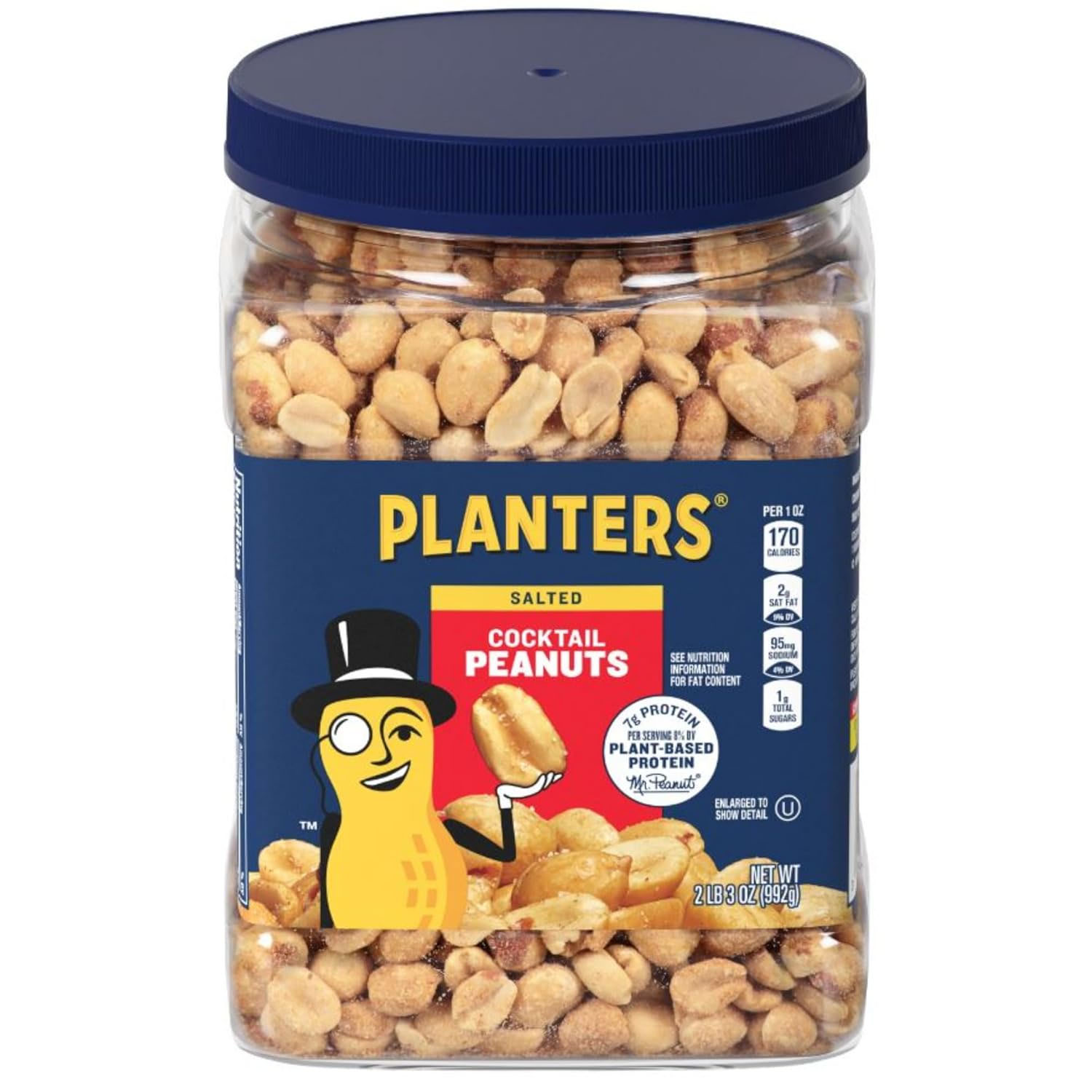 Planters Salted Cocktail Peanuts in a 2 lb 3 oz container featuring the Mr. Peanut character, highlighting 7g of plant-based protein per serving.