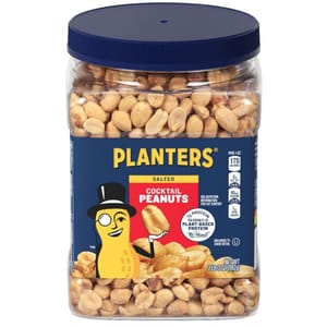 Planters Salted Cocktail Peanuts in a 2 lb 3 oz container featuring the Mr. Peanut character, highlighting 7g of plant-based protein per serving.