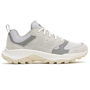A light grey and white athletic shoe with a rugged sole, featuring a perforated design and lace-up closure, branded with Merrell.