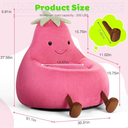 Pink plush chair shaped like an eggplant with dimensions: 31.1\“ W x 30.31\“ D x 27.56\“ H. Maximum load capacity: 200 lbs.
