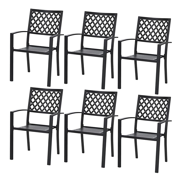 6 black patio dining chairs with armrests, featuring a lattice design on the backrests and slatted seats.