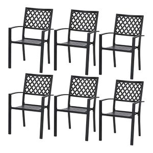 6 black patio dining chairs with armrests, featuring a lattice design on the backrests and slatted seats.