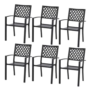 6 black patio dining chairs with armrests, featuring a lattice design on the backrests and slatted seats.