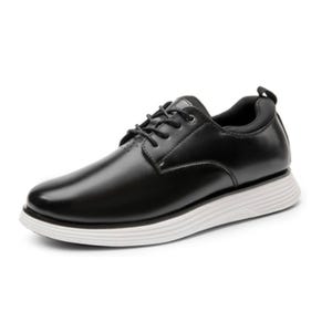 Black leather dress shoe with white rubber sole, featuring lace-up design and padded collar for comfort.