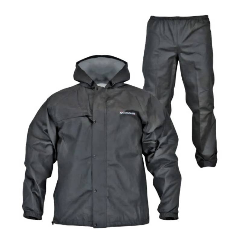 Rain jacket and pants set in black, designed for wet weather protection.