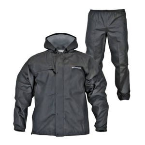 Rain jacket and pants set in black, designed for wet weather protection.