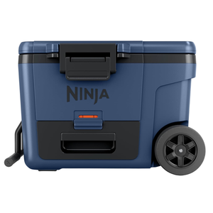 A blue Ninja outdoor cooler with wheels, a handle, and secure latches.