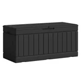 A black outdoor storage box with a slatted design, suitable for storing garden tools, cushions, or other items.