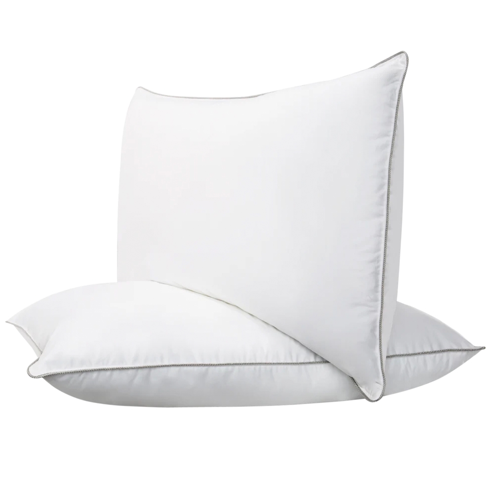 The 2pk Down Hybrid Pillows feature a white, densely filled design with subtle gray piping around the edges, combining supportive memory foam and soft down for balanced comfort.