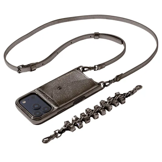 A gray leather phone case with a crossbody strap and an attached cardholder, accompanied by a decorative metal chain lanyard with geometric links.