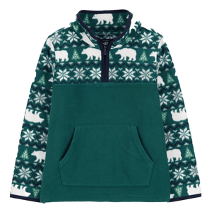 Green fleece pullover with a quarter-zip, featuring a pattern of white bears and snowflakes on the upper part and sleeves, plus a front kangaroo pocket.