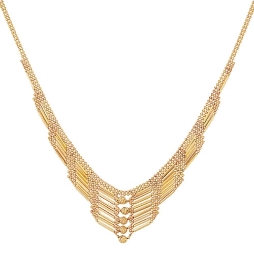 A 14k gold beaded necklace features a V-shaped design with alternating polished and textured sections, creating a layered, angular appearance.