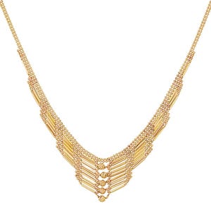 A 14k gold beaded necklace features a V-shaped design with alternating polished and textured sections, creating a layered, angular appearance.