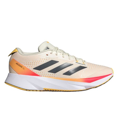 A beige and orange Adidas Adizero SL running shoe featuring a sleek design, mesh upper, prominent three-stripe branding, and a cushioned sole.