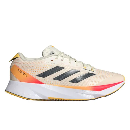 A beige and orange Adidas Adizero SL running shoe featuring a sleek design, mesh upper, prominent three-stripe branding, and a cushioned sole.