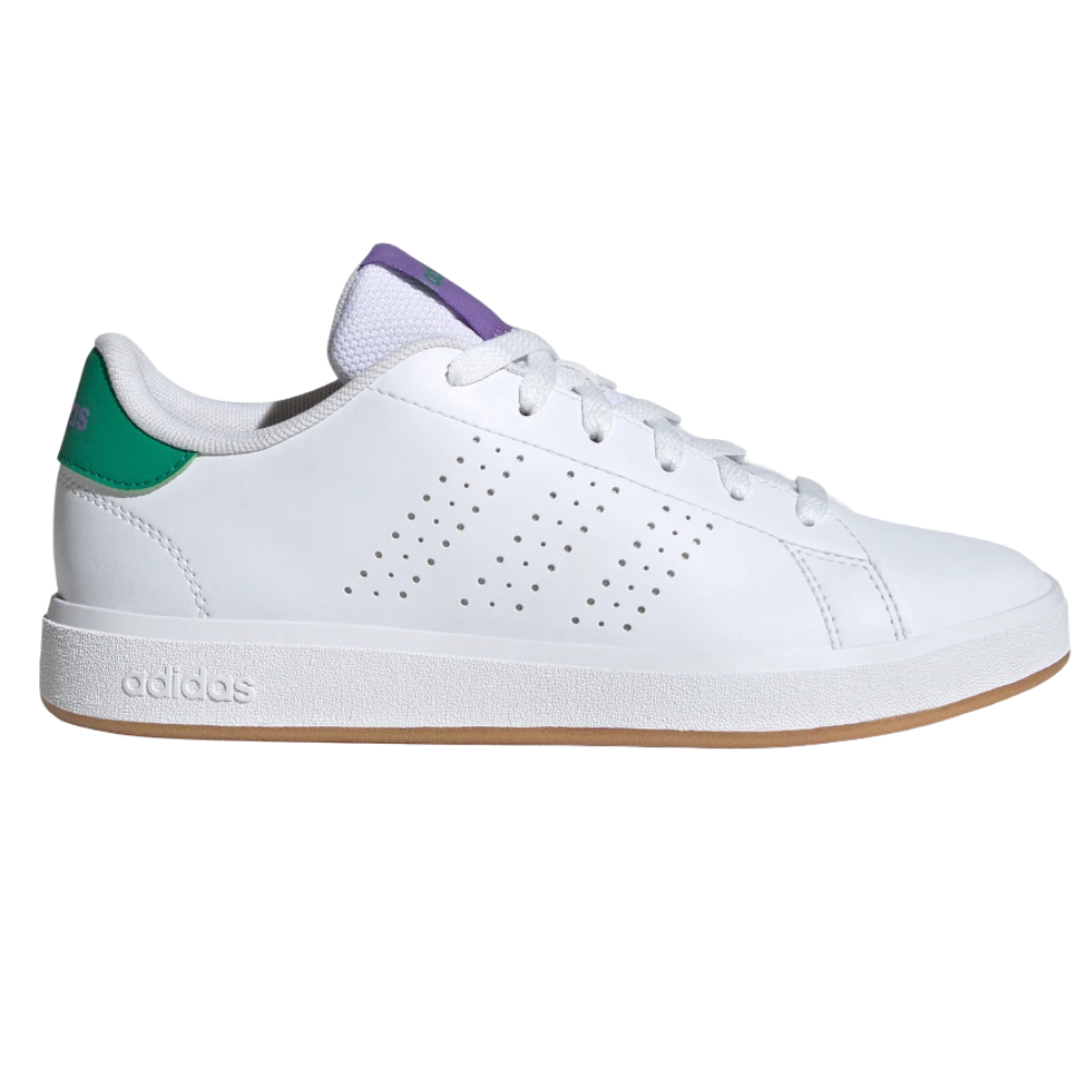 White Adidas sneakers with purple and green accents, featuring perforated stripes and a rubber sole.
