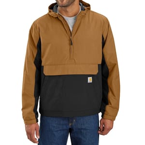 A two-tone pullover jacket with a brown top and black bottom, featuring a half-zip and a hood. It has a front flap pocket with a small logo patch.