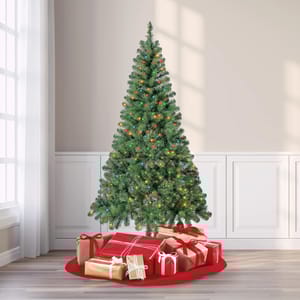 A decorated Christmas tree with lit colorful lights and wrapped gifts underneath.