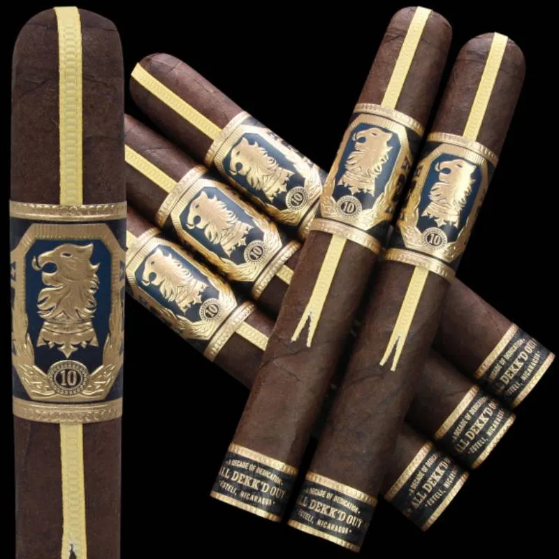 A collection of cigars with gold and blue bands, featuring a lion crest and the number 10.