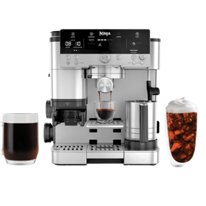 Ninja espresso and coffee machine with various brewing options and an integrated frother, shown alongside a glass of black coffee and an iced coffee with cream.