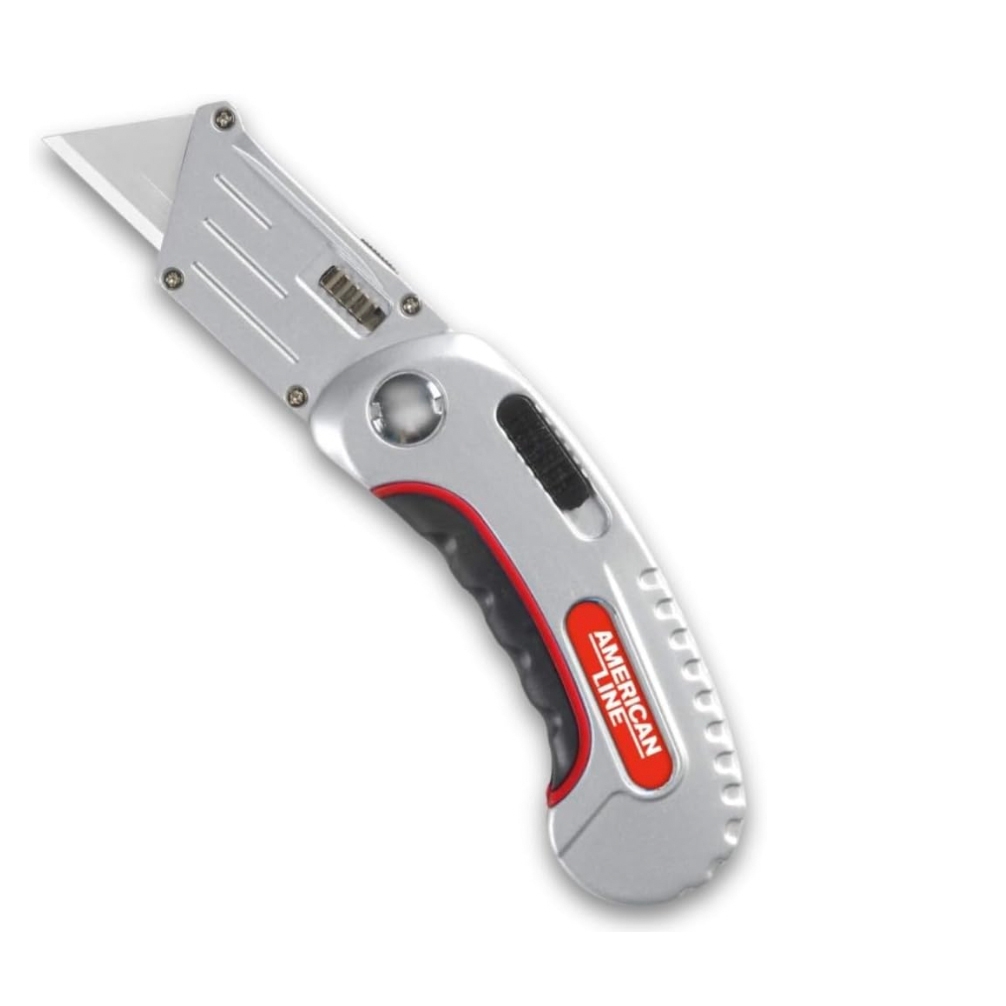 A folding utility knife with a silver and black ergonomic handle, featuring a retractable blade system and \“American Line\“ branding.
