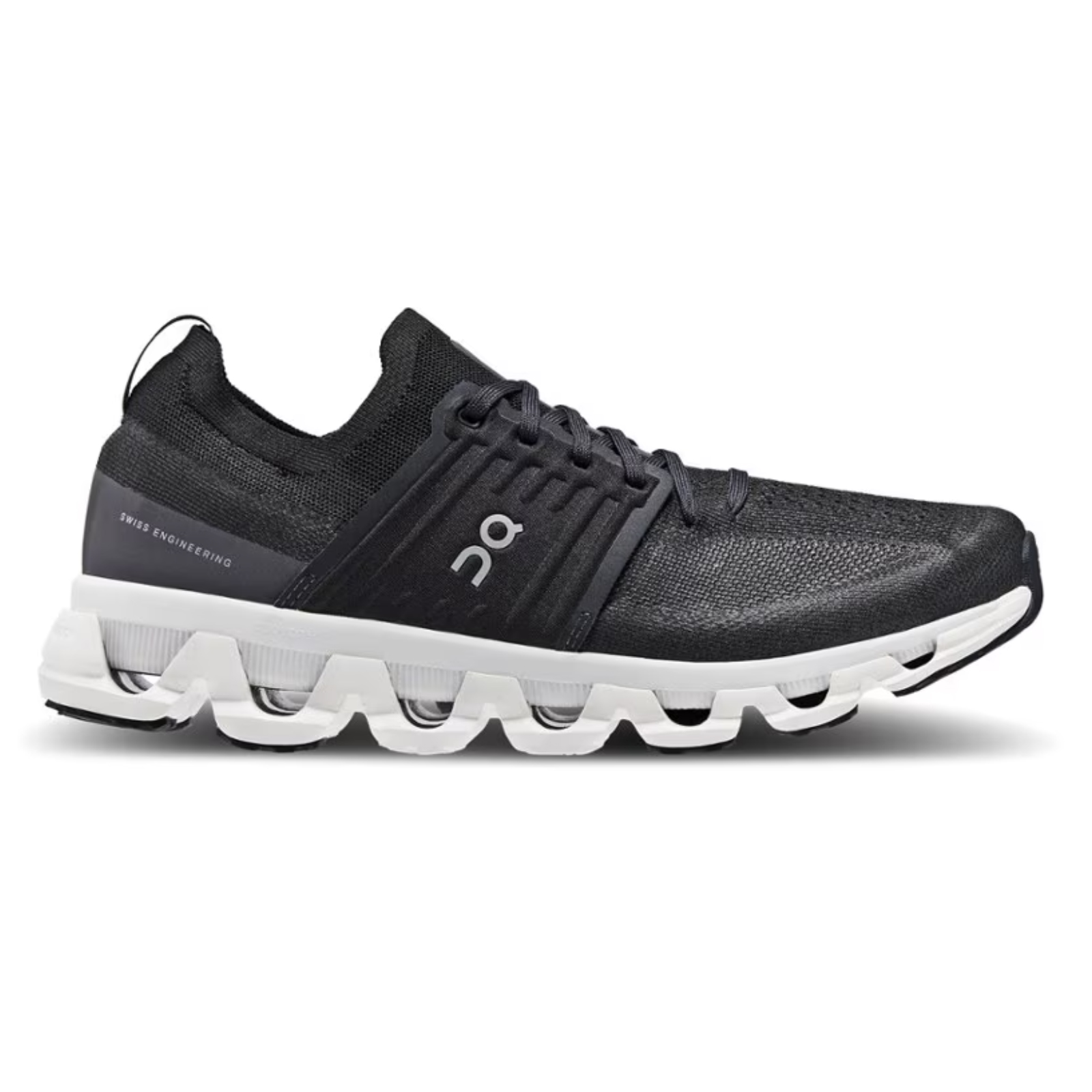 Black and white running shoe with a unique wavy sole design, featuring \“Swiss Engineering\“ and \“ON\“ branding.