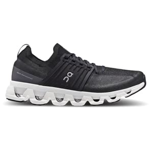 Black and white running shoe with a unique wavy sole design, featuring \“Swiss Engineering\“ and \“ON\“ branding.