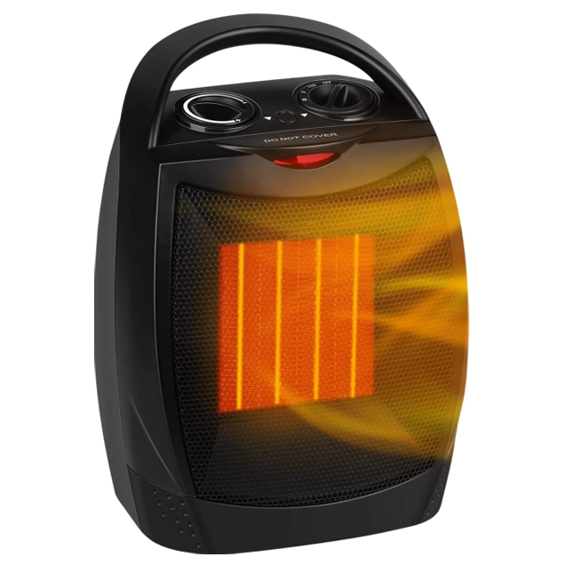 A 1,500W portable space heater with a black casing, carrying handle, and dual control dials on top. The front features a glowing heating element and mesh grille for distributing warmth.