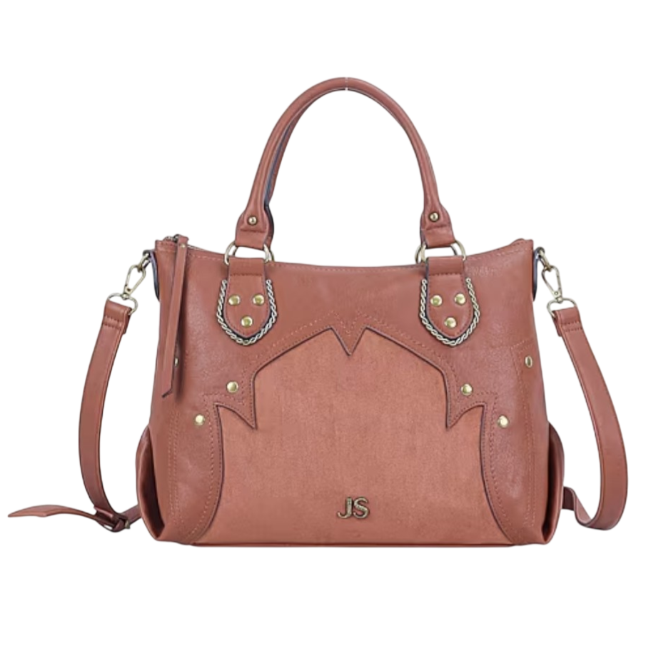 A brown leather handbag with dual handles, gold-tone hardware, and decorative stitching. It features a detachable shoulder strap and the initials \“JS\“ at the front.