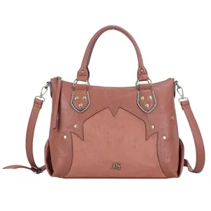A brown leather handbag with dual handles, gold-tone hardware, and decorative stitching. It features a detachable shoulder strap and the initials \“JS\“ at the front.